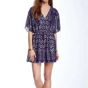 Free‎ People Love Your Chaos Dress Womens Small Mini Metallic Blue Gold Chevron